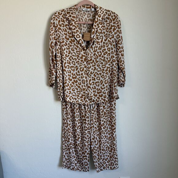 Van Winkle & Co Boho Brown Leopard Satin Wide Leg Pajama Set Large Animal Print - Picture 1 of 12